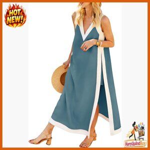 Two-Piece Maxi Dress Set V-Neck Sleeveless Bohemian Chic Summer Outfit with